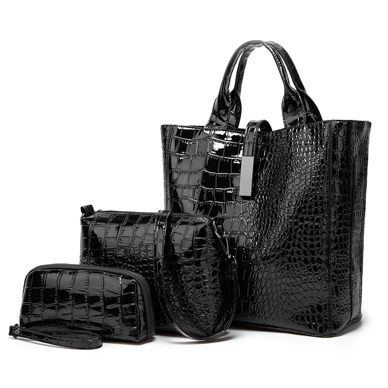 

3 PCS 2022 New Women Oil Wax Pu Leather Sac A Main Female Tote Handbag Satchel Crocodile Messenger Bag Set Crocodile Hand Bags