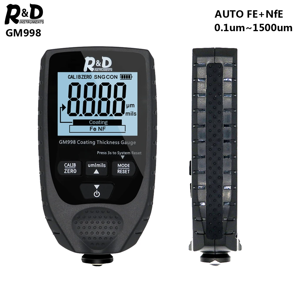 
R&D GM998 car paint coating thickness gauge car paint electroplate metal coating thickness tester meter 0-1500um Fe & NFe probe 