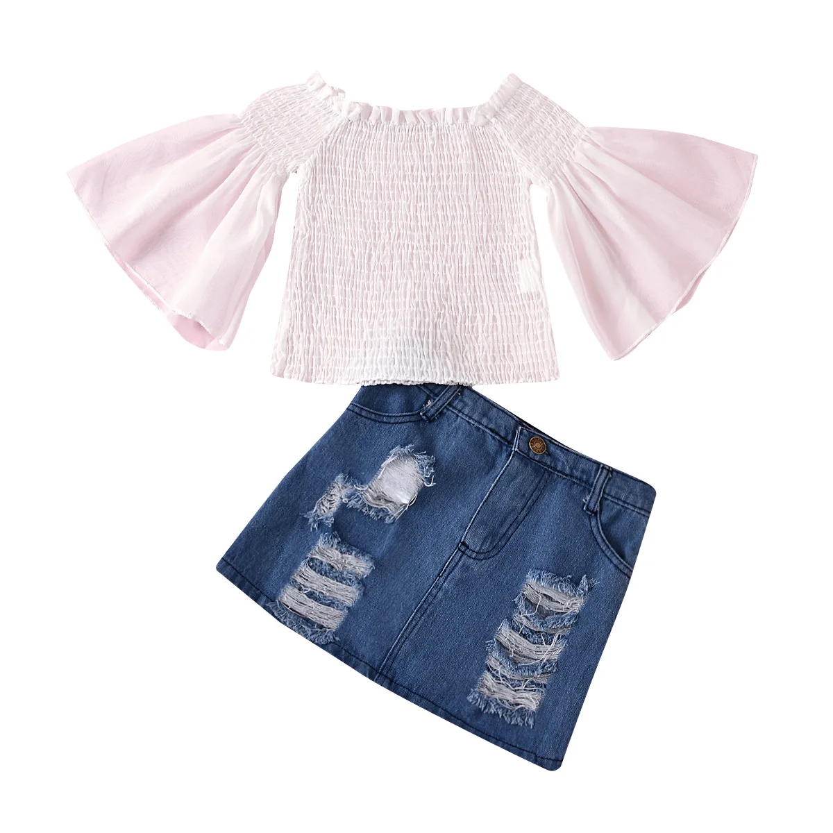 

925 Kids Baby Girls Clothing Set Outfits Off Shoulder Flare Sleeve T-shirt Tops+A-line Denim Skirts Toddler Clothes Set 2pcs, As picture