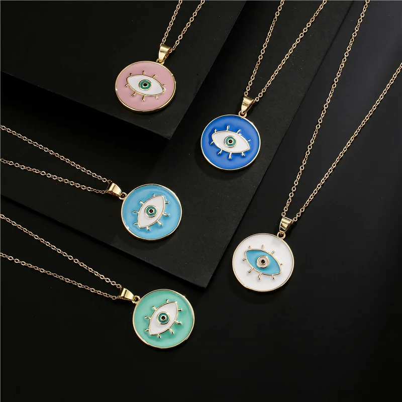 

Newest Design Rainbow Color Enamel Evils Eyes Necklaces Oil Drip Geometric Round Eyes Necklaces For Women Girl