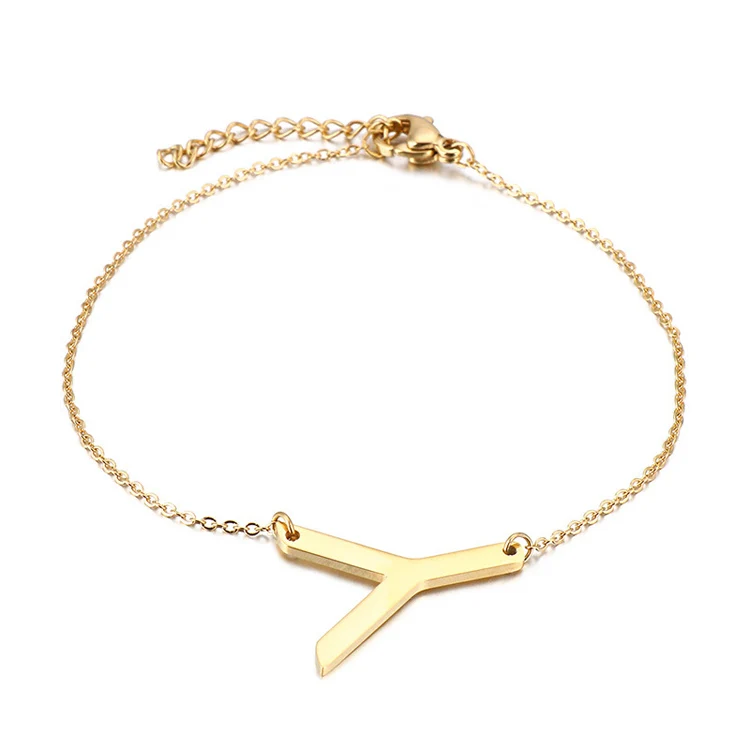 
simple stainless steel plain 26 capital initial letter gold plated charm bracelet for girls 