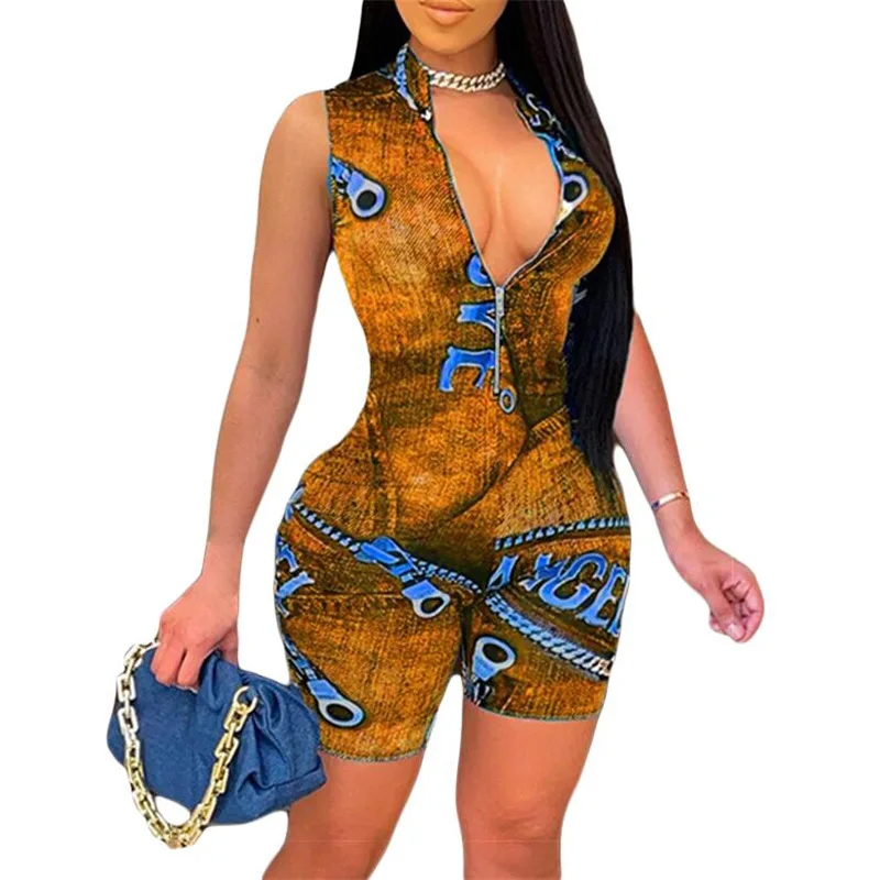 

2021 New Womens Zippers Denim Printed Bodycon Rompers Women Jumpsuit Sexy Outfits Party Club Wear One Piece Overalls