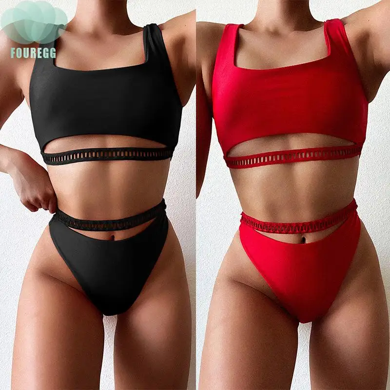 

One stop new popular solid color ribbon bikini square hollow sexy Bordered split swimsuit women swimwear 2020