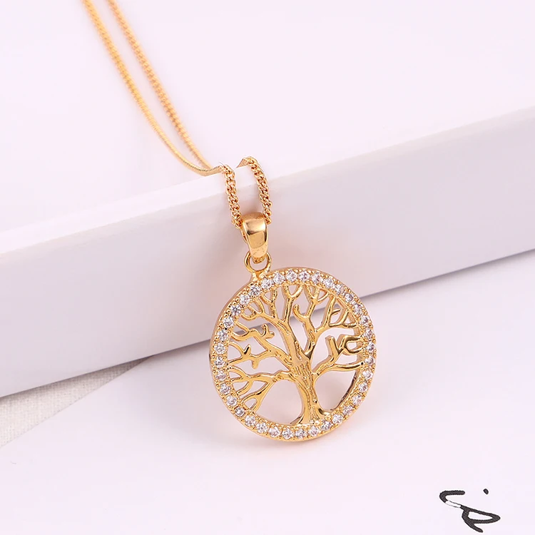 

Simple Rose Gold Plated Rhinestone Crystal Tree Of Life Necklace CZ Cubic Zirconia Round Tree Pendant Necklace