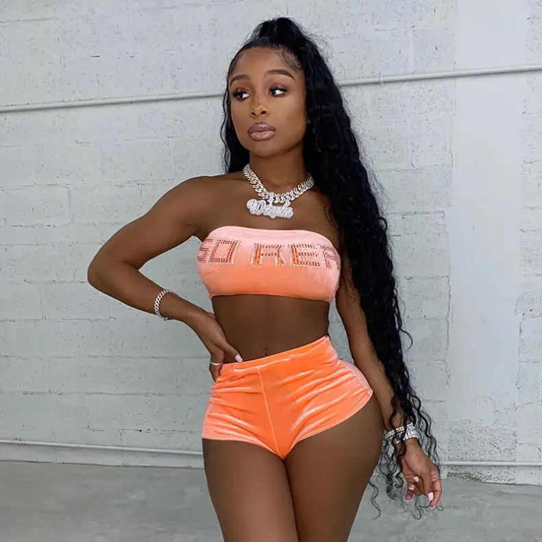 

Fashion Letter Print velvet Two Piece Set Womens Strapless Tube Top Hot Shorts 2 Piece Set Women Sexy Party Club wear Set, 5 colors