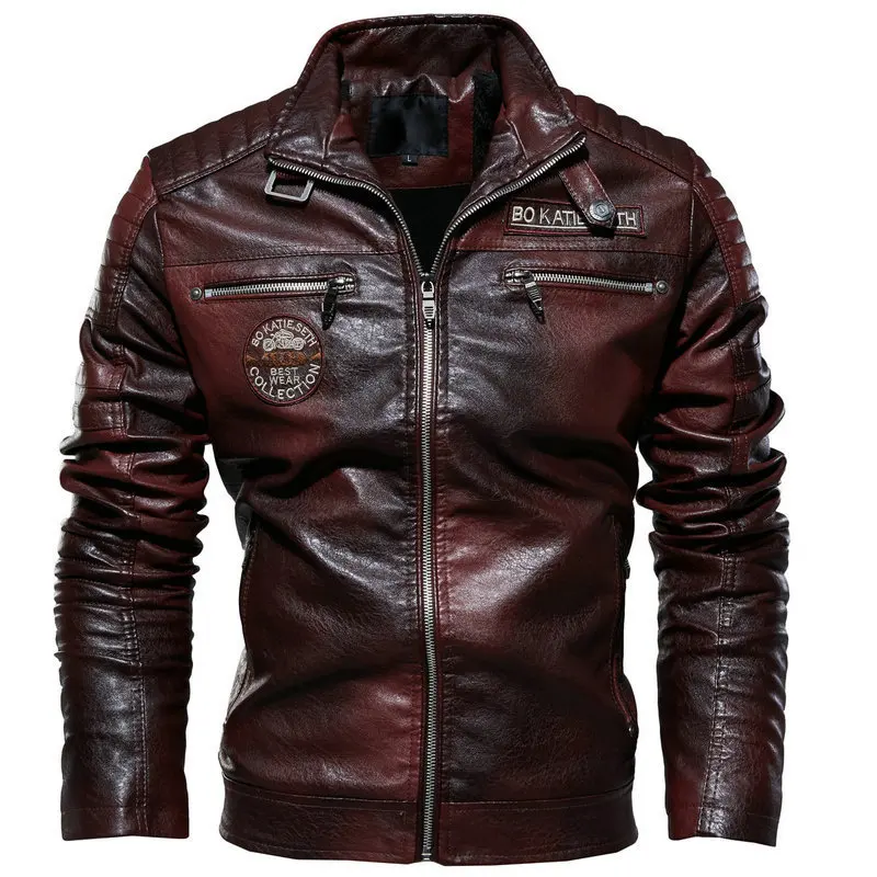 

Winter Plus Size Brown Patchwork Motorcycle Waterproof Pu Leather Jacket For Men