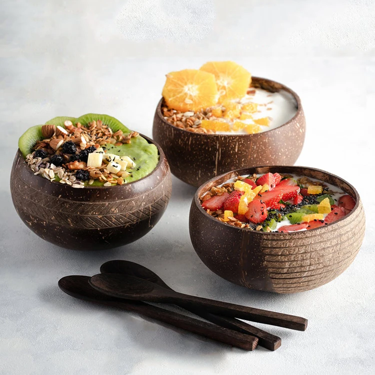 

Unique Natural Degradable Handmade Polished Custom Engraved Coconut Shell Salad Bowl and Coconut Spoons Gift Set