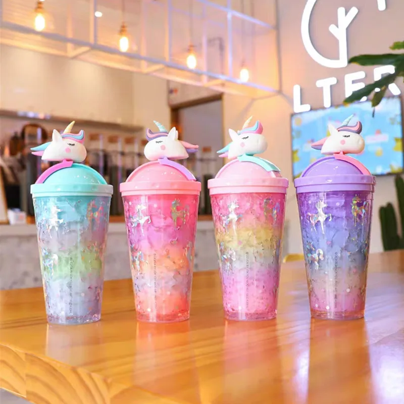 

Unicorn Water Bottle Straw Type With Lid 450ml Drinking Bottle Summer Student Cute Ice Cup Plastic Female Durable Cartoon Kettle