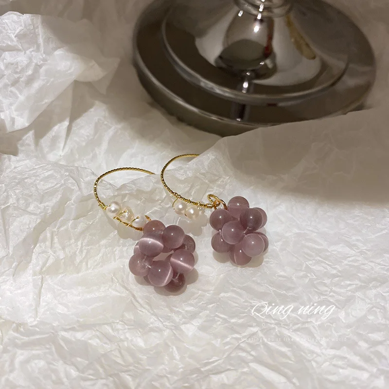 

Jewelry Real gold electroplating Korean fashion pearl cat's eye stone earring net red temperament design purple earhook earrin, Picture shows