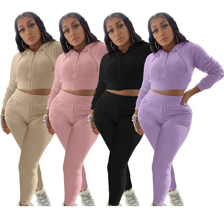 

2021 Fashion Ladies Tracksuit Zip Up Hoodie Long Sleeve Fitness Jogger Fall Velvet Women Clothing Two Piece Sets, Picture shown