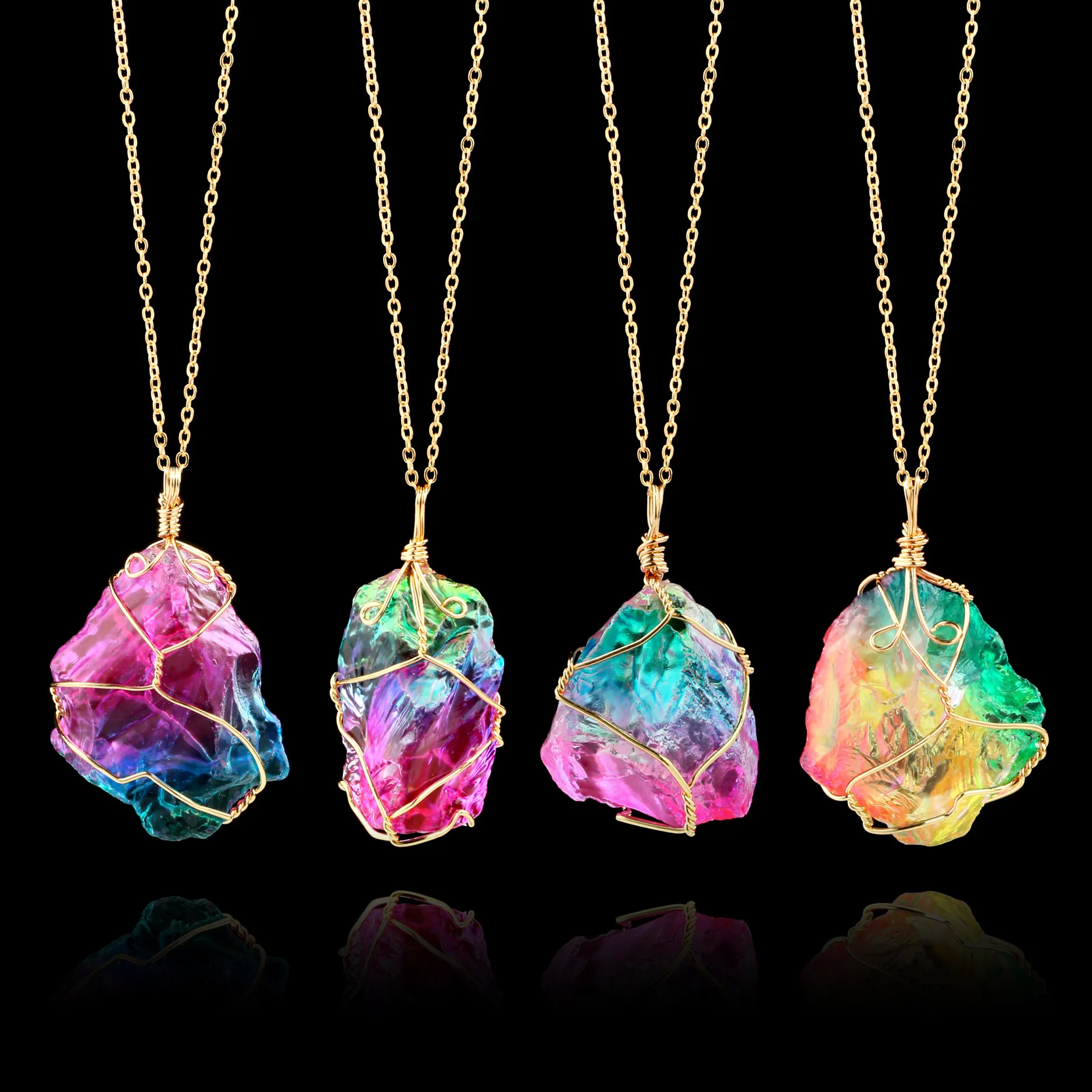 

7 Chakra Gemstone Copper Wire Wrap Irregular Clear Quartz Point Crystal Stone Pendant Necklace, Picture