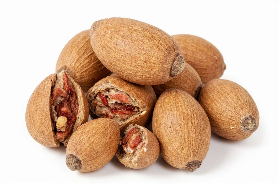 Close-up photograph of whole nutmeg seeds next to ground nutmeg with Spanish label 'nuez moscada'