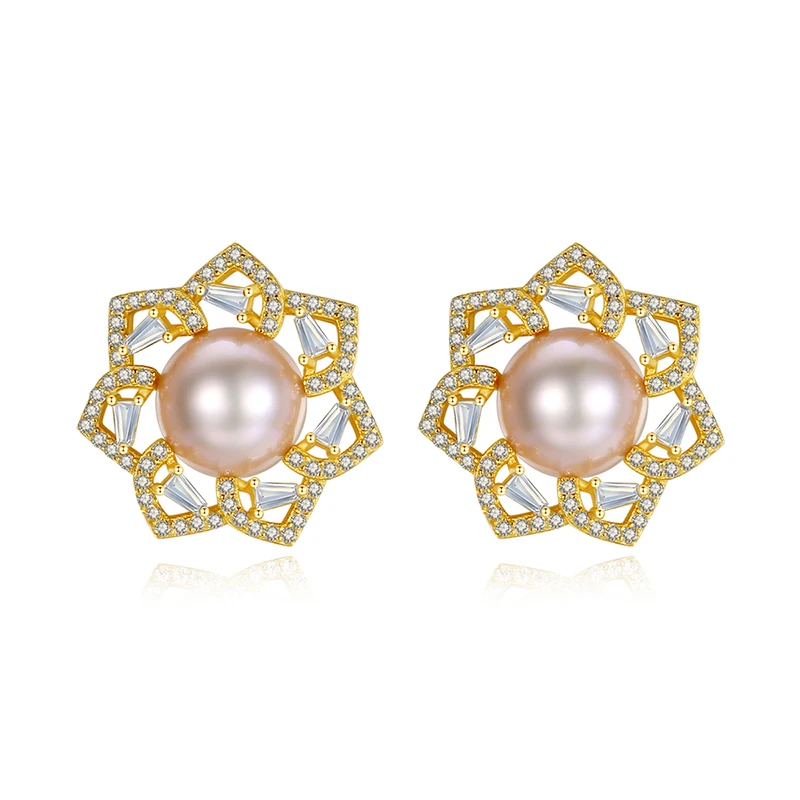 

CZCITY Fashion Cubic Zirconia Pave CZ 925 Sterling Silver Big Flower Freshwater Pearl Stud Earrings