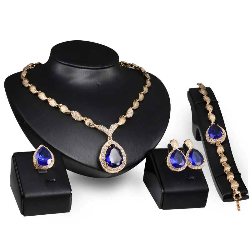 

BEST Crystal African 18k Gold Jewelry Sets Women Wedding Party Trendy Statement Necklace Earring 4Pcs Set