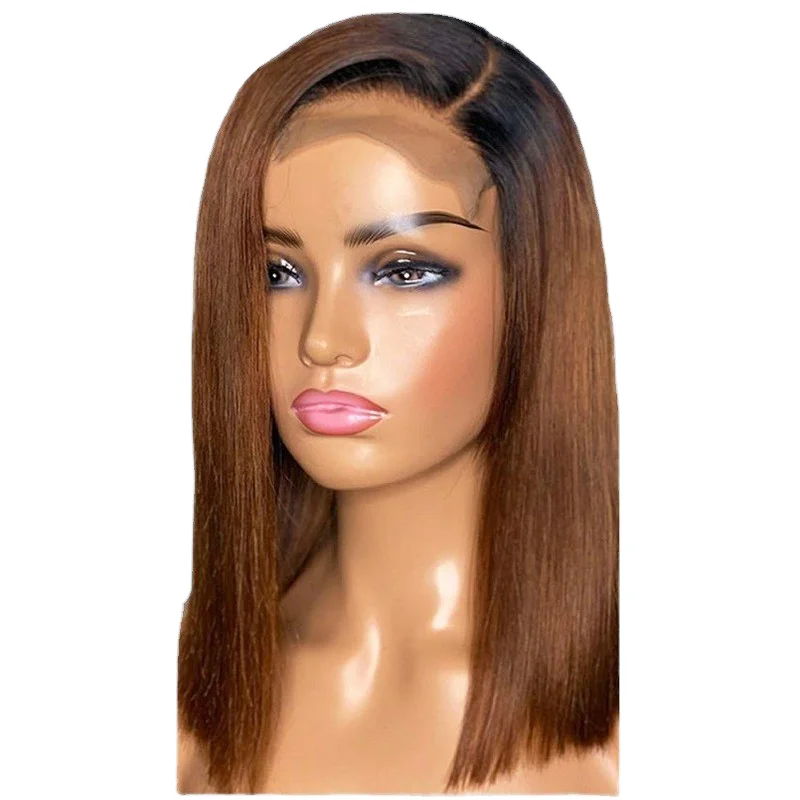 European and American Wig Africa Black Brown Gradient in Short Straight Hair Synthetic Fiber High Temperature Silk Hair Set