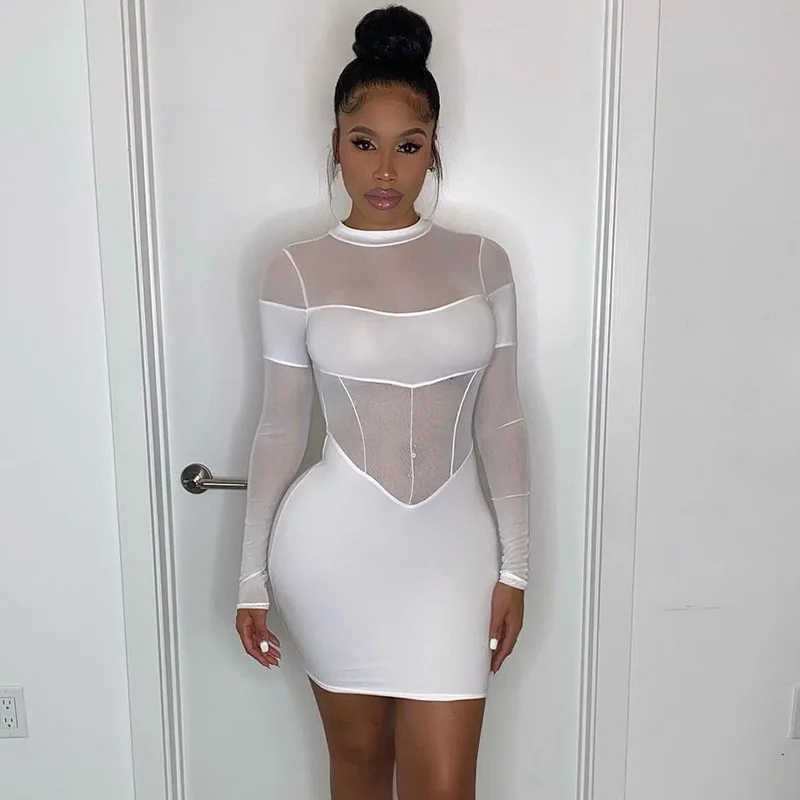 

Sexy Corset Mesh Patchwork White and Black Mini Dress Women Long Sleeve Mock Neck Night Club Party Outfits