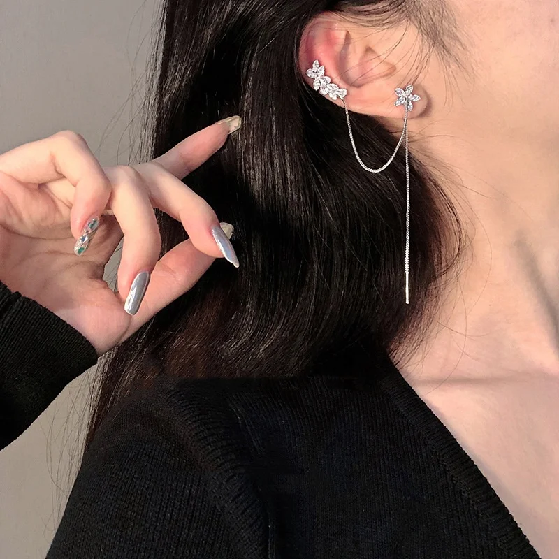 

New Fashion Women Flower Star Zircon Long Tassel Cuff Earrings Jewelry Personality Ear Bone Clip Crystal Earring Ear Studs, As picture shown