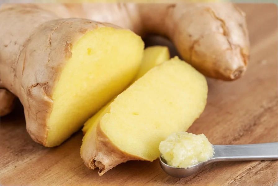 Fresh ginger root sliced with measuring spoon showing proper dosage for acid reflux treatment