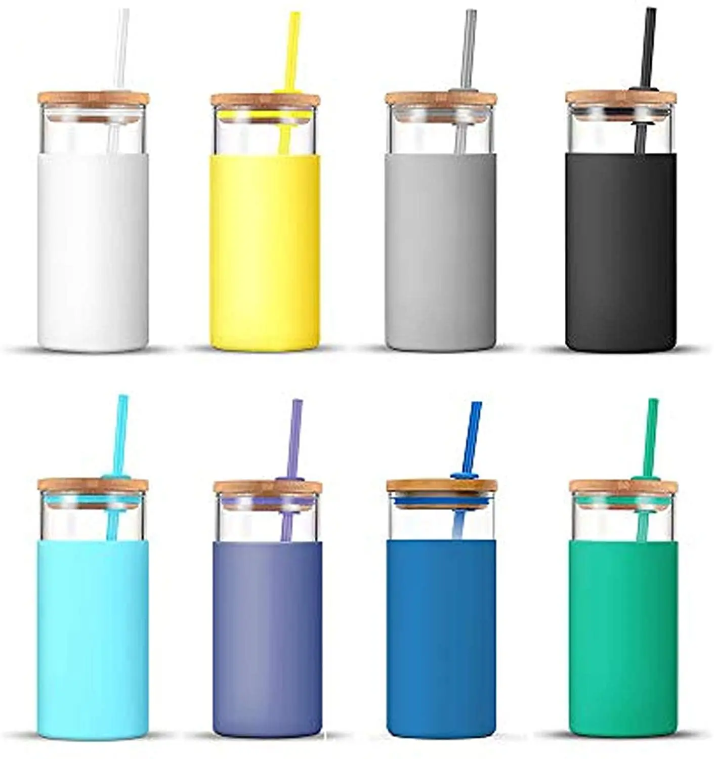 

20oz Eco friendly BPA Free Silicone Protective Sleeve Borosili Glass Tumbler Glass Water Bottle Straw Bamboo Lid, Customized color accept