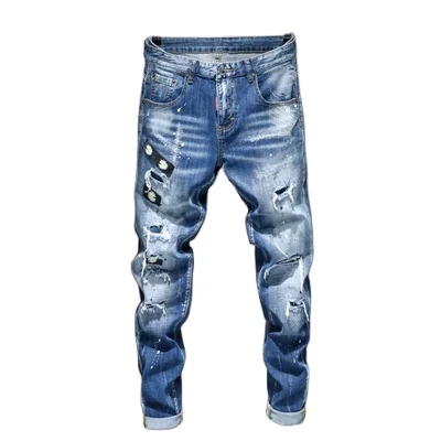 

2020 autumn blue ripped jeans men's slim-fit Korean version of the trend of beggars edge chrysanthemum embroidered jeans men, Picture color