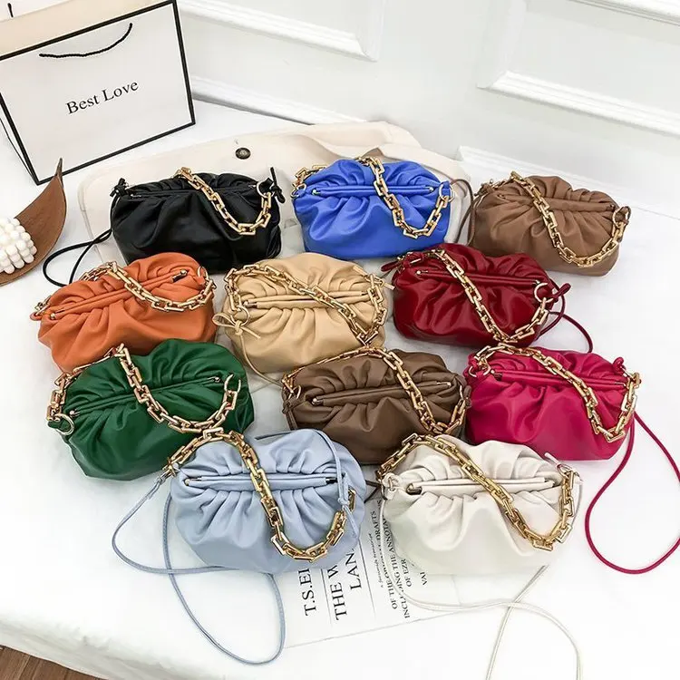 

Women Pleated Cloud Handbags Gold Chain Shoulder Bag Pure Color Ruched Dumpling Wrinkled Crossbody Bags, 12 designes
