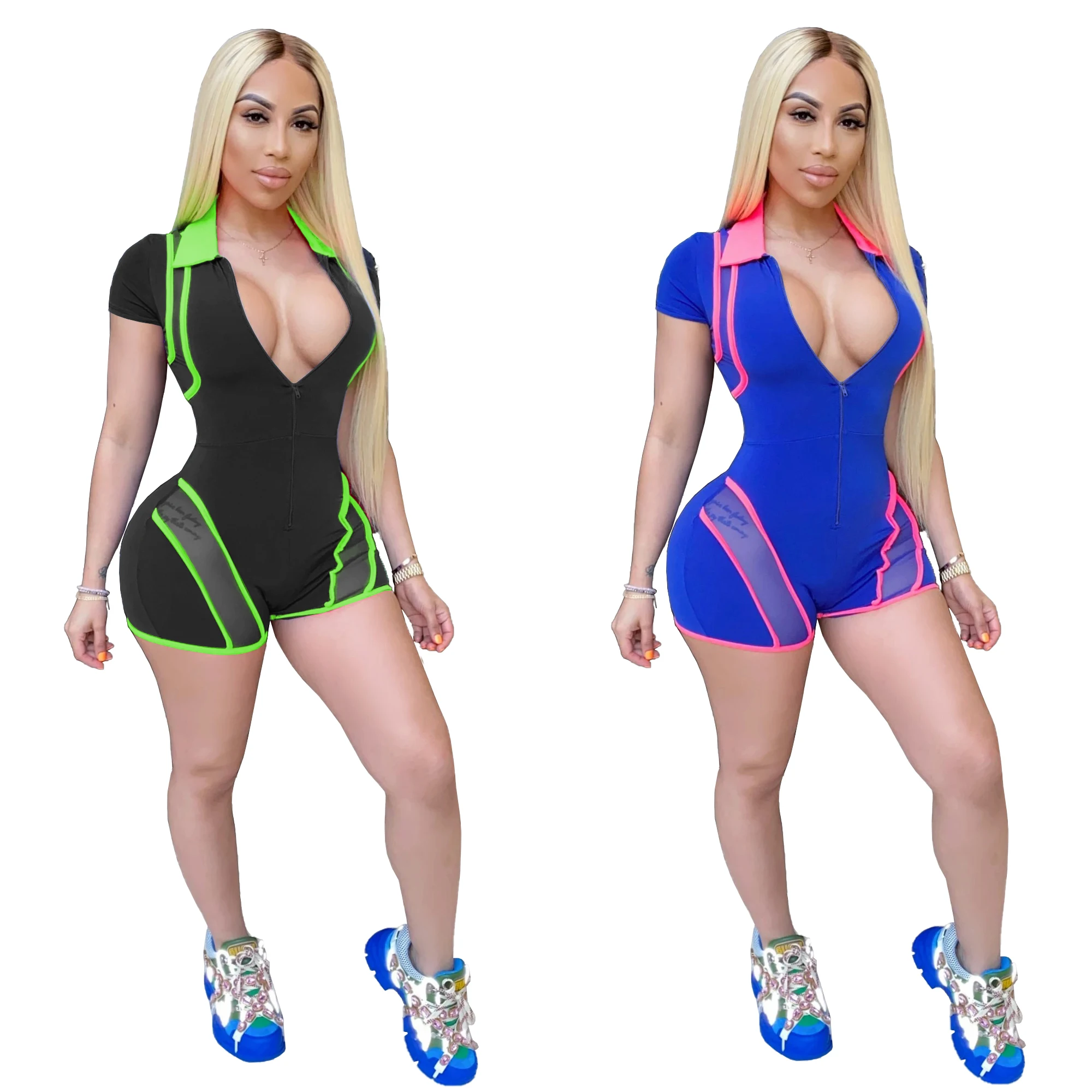 

Stock Fashion fluorescent color Splicing mesh sexy slim body weight loss at home Sexy Ladies bodycon jumpsuits women