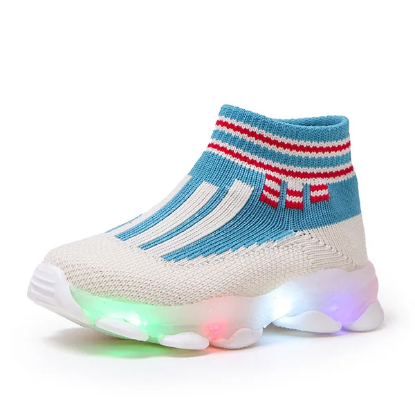 

Wholesale newest design high top flying knitted led running sneakers casual slip-on kids luminous lights sock sport shoes, Red yellow blue