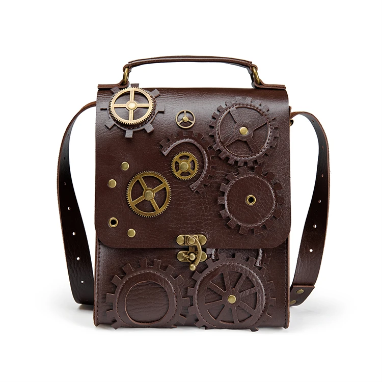 

Vintage Design Front With Lock and Stud Laser Flower Clock Pattern Crossbody Style shoulder backpack, Brown
