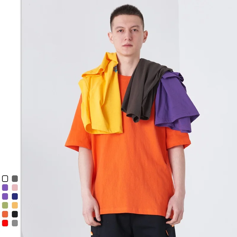 

2021 Summer Cotton Drop Shoulder Loose Oversized Plus Size Patchwork Short Sleeve T Shirt for Men, Multi colors