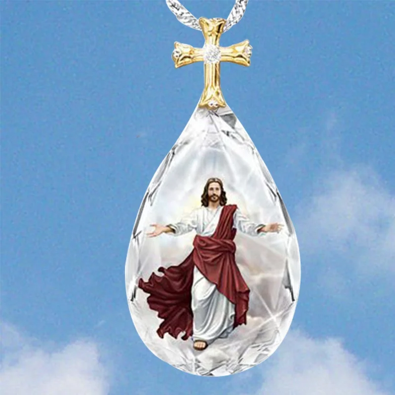 

New Crystal Golden Cross Necklace Drop-shaped Gemstone Jesus Religious Pendant