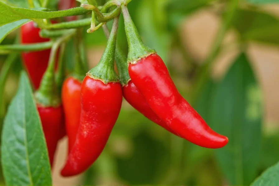 Close-up photograph of vibrant red Calabrian chili peppers growing on plant in Mediterranean garden setting