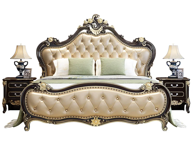 Italian Style Classic Wooden Home Bed Elegant Upholstered Leather