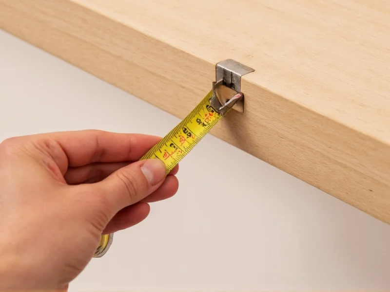 Hand holding measuring tape on wooden shelf bracket