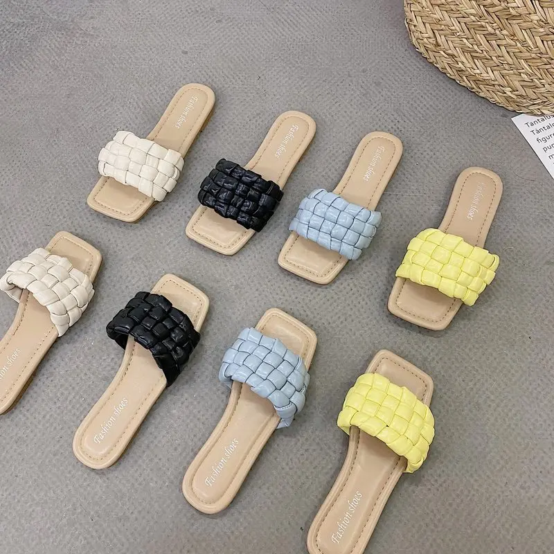 

Woven square flat slippers pastoral sandals French style 535, Beige,blue,yellow,black