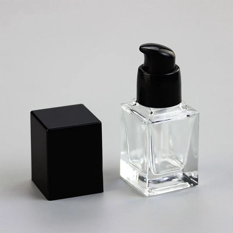 

Wholesale packaging 30ml 40ml square clear empty lotion foundation glass cosmetic bottle with pump