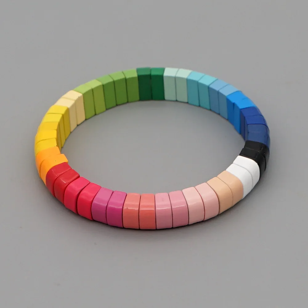 

Colorful Bohemian Enameled Beaded Stretch Bracelet Color-Block Strand Bracelet Set Rainbow Enamel Tile Bracelet