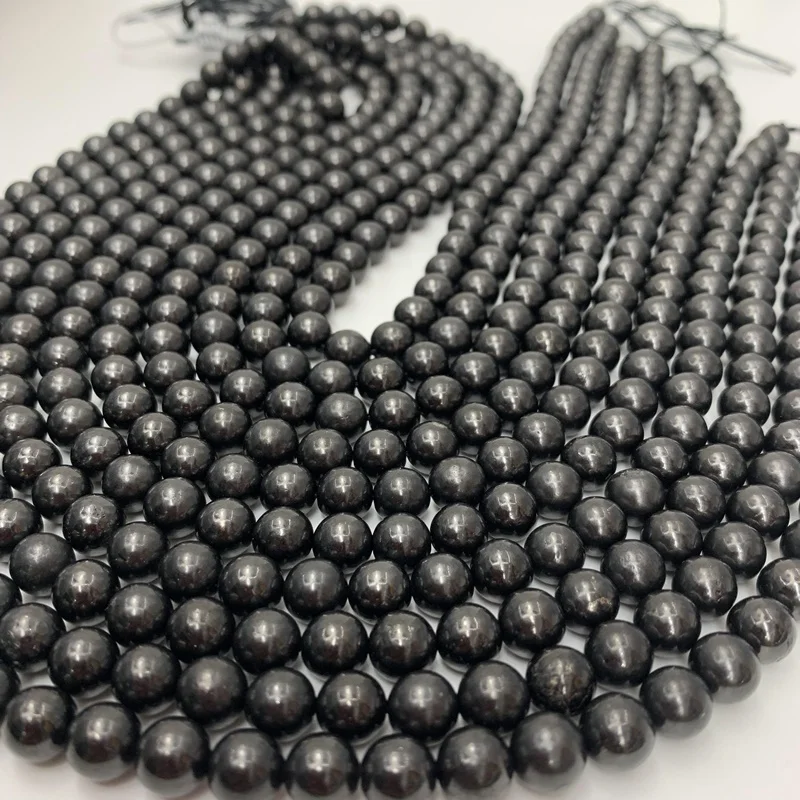 
Shungite Beads Long Strands, Shungite Round Beaded for EMF Protection from Karelia Russia, Genuine Authentic Shungite 