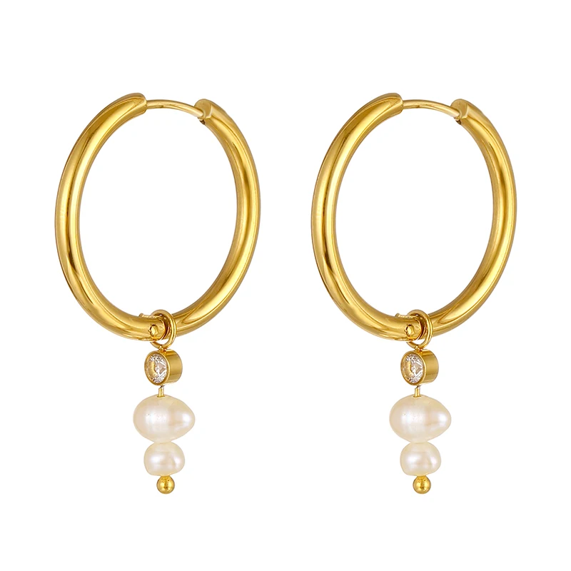

Fashion 18K Gold Plated Stainless Steel Jewelry Handmade Pearl Drop Hoop Earrings for Women