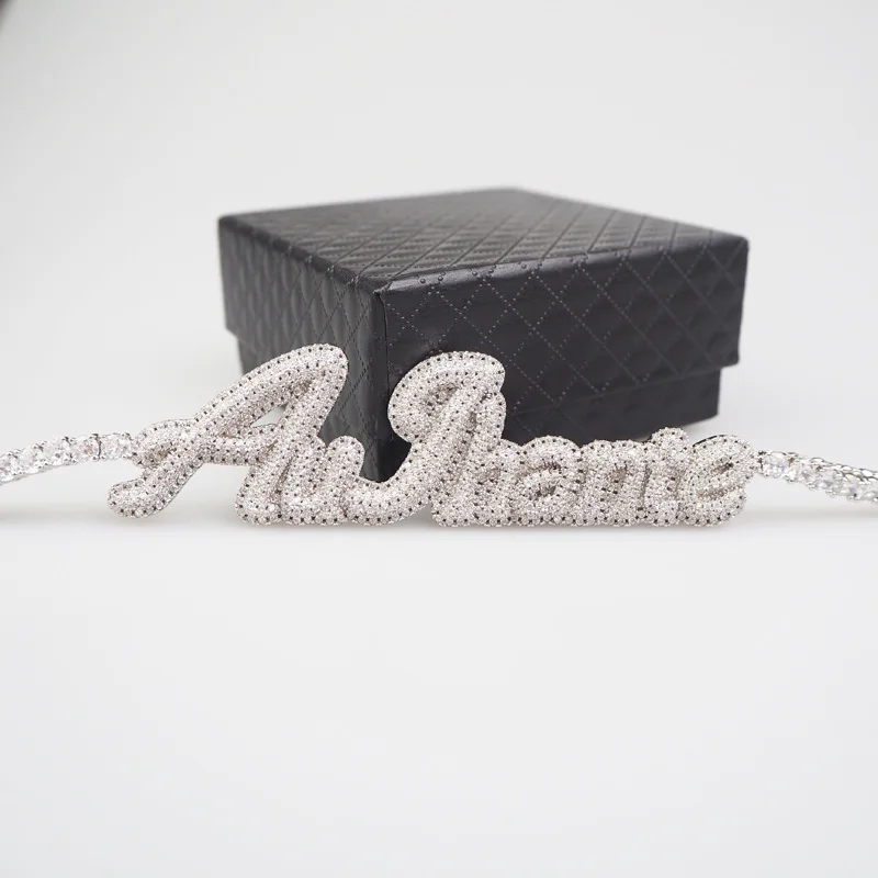 

THE BLING KING Custom Brush Script Bubble Letter Two Tone Pendant Micro paved CZ Personalized Name Plate Necklace Hiphop Jewelry, Gold,silver,rose gold
