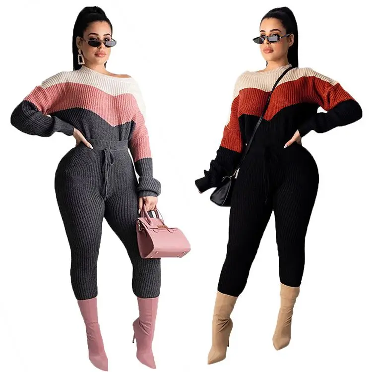 
11488SS best seller contrasting color drawstring casual sweater Pant 2020 Two Piece Set Women Clothing 