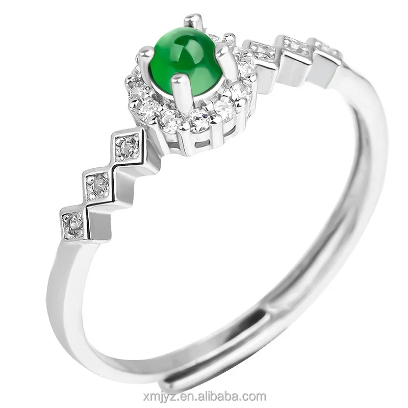 

Certified Grade A S925 Silver Inlaid Natural Emerald Green Ice Jade Stone Ring Fashion Men's Ring Women's Adjustable