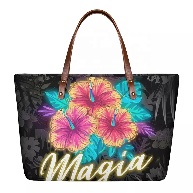 

Wholesale Personalised Tropical Plants Hibiscus Fluorescent Flower Design Women Handbag Large Polyester Totes Custom Gifts
