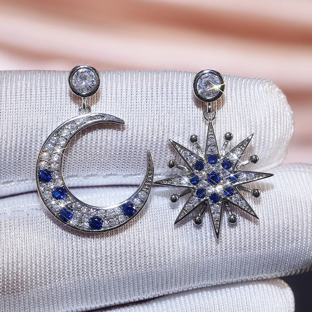 

CAOSHI Moon Star Earrings Pendant Earrings for Women Girls Trendy Design White & Blue Stone Fashion New Woman Earring