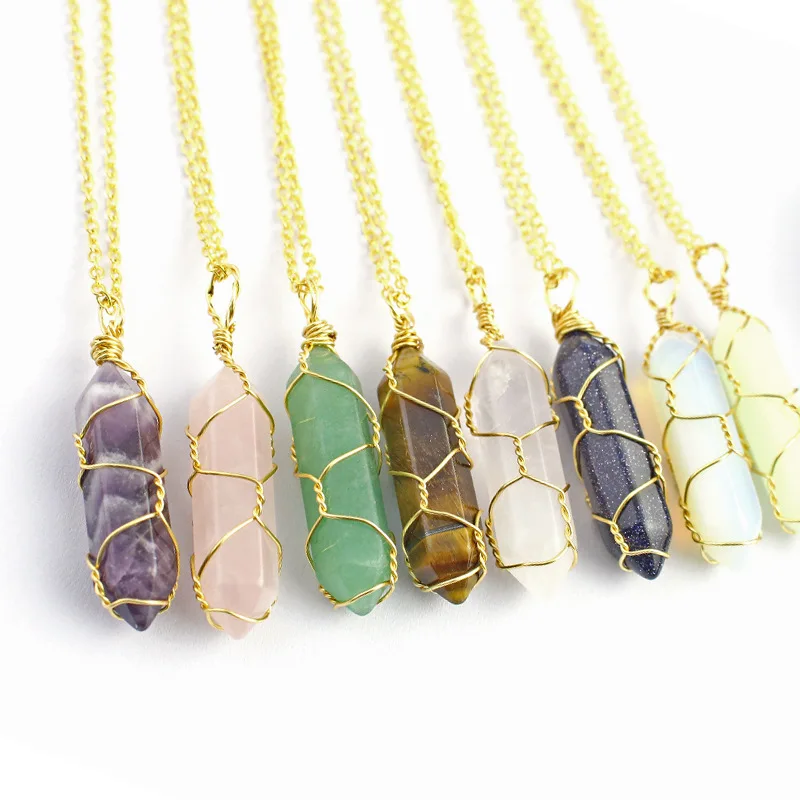 

Fashion Silver gold Plated wire wrap Hexagon Healing Crystal Necklace Opal Turquoise Stone pink Quartz Chakra Necklaces Jewelry