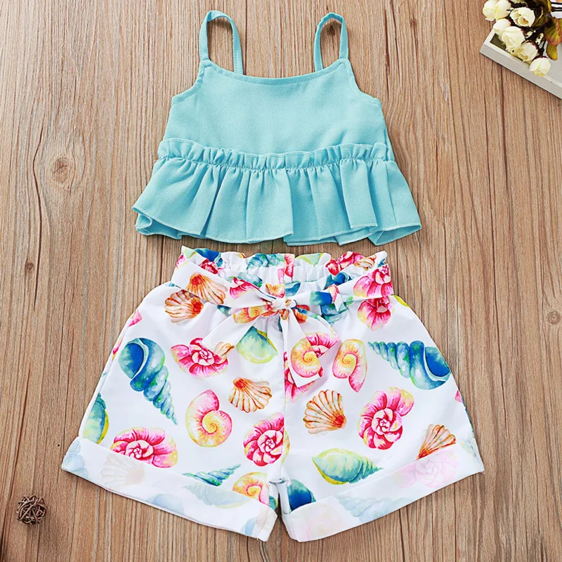 

New Summer Girls' Clothing Sets Baby Clothes Cartoon Bind Belt Skirt Ruffle Pants 2 Pcs Girls Children Clothes Sets, As picture