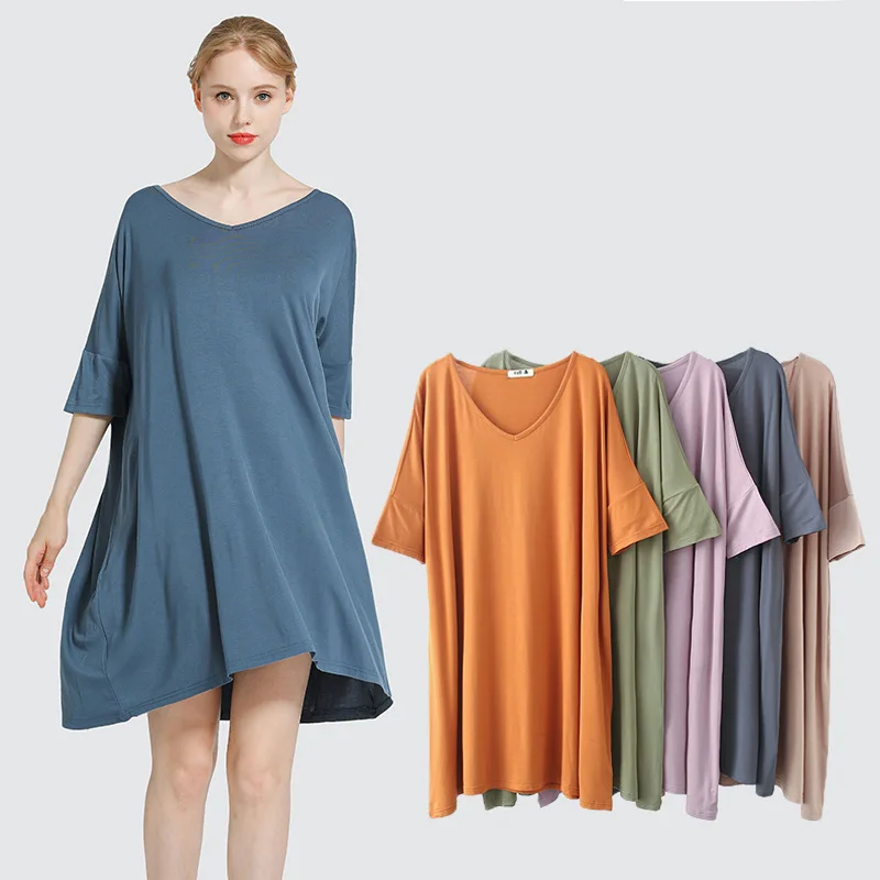 

Women Plus Size Modal Sleep Dress Summer Nightwear Casual V-Neck Solid Loose Nightdress Female Sleepwear Nightgown Home Clothes