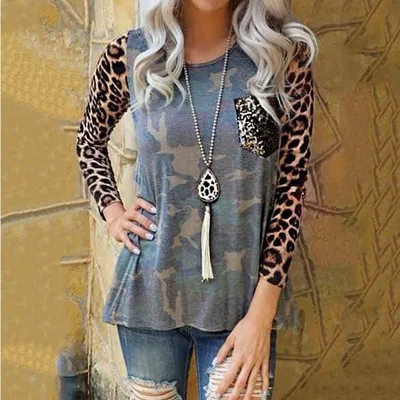 

Women fall Leopard Print Tops Long Sleeve T-shirt Cute Sweatshirts Blouse Tunic With Pocket, Like picture