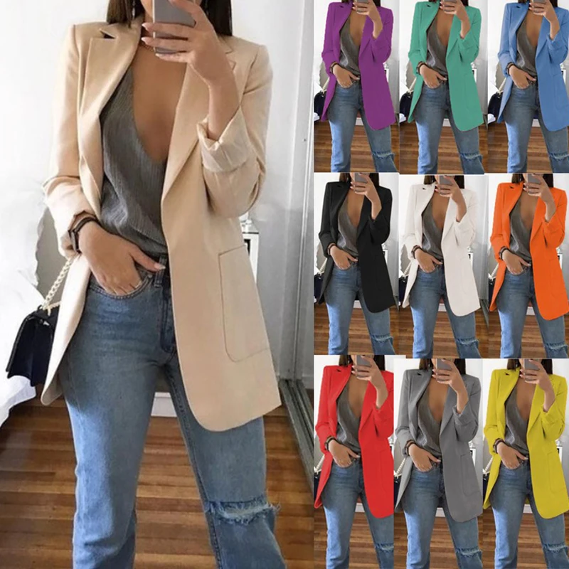 

Stock Casual Women Black Coats Europe Spring 2021 Fashion Streetwear Pockets Jacket Long Sleeve Ladies White Coats Office Work Suits, Picture