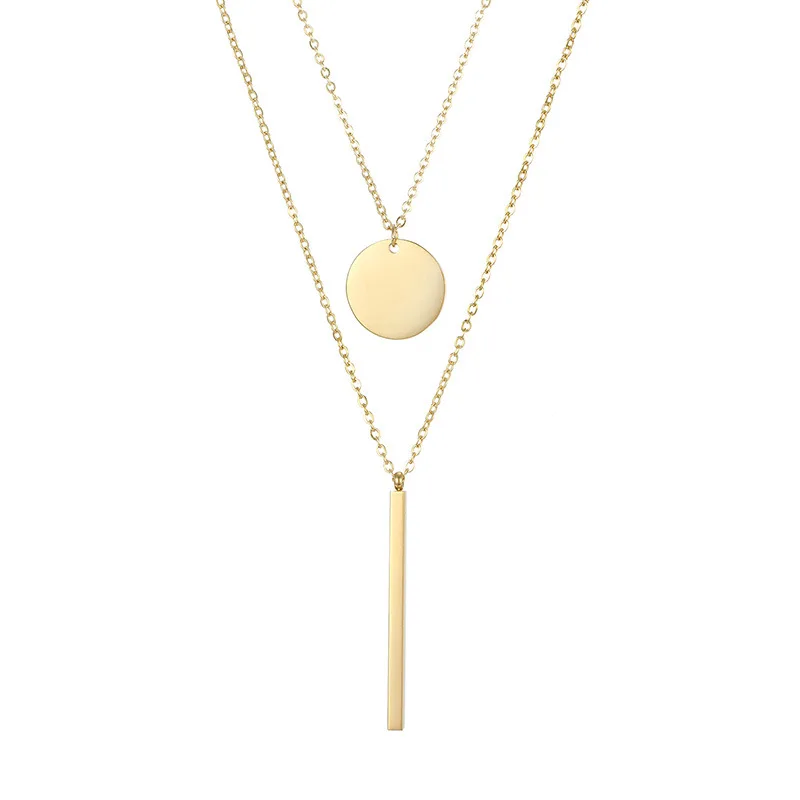 

Vertical Bar Pendant And Round Disc Necklace Double Layered Stainless Steel Gold Plated Chain Set