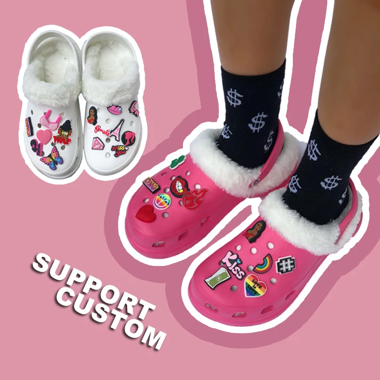 

Custom Rubber Pvc Shoes Charms Wholesale Winter Warm Platform Eva Women's Fox Furry Clogs & Mules Sandals Slippers Garden Shoes, Customized color